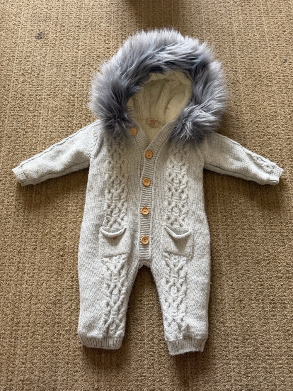 Caramelo Gray Cable Knit Pramsuit with  Faux Fur Trim